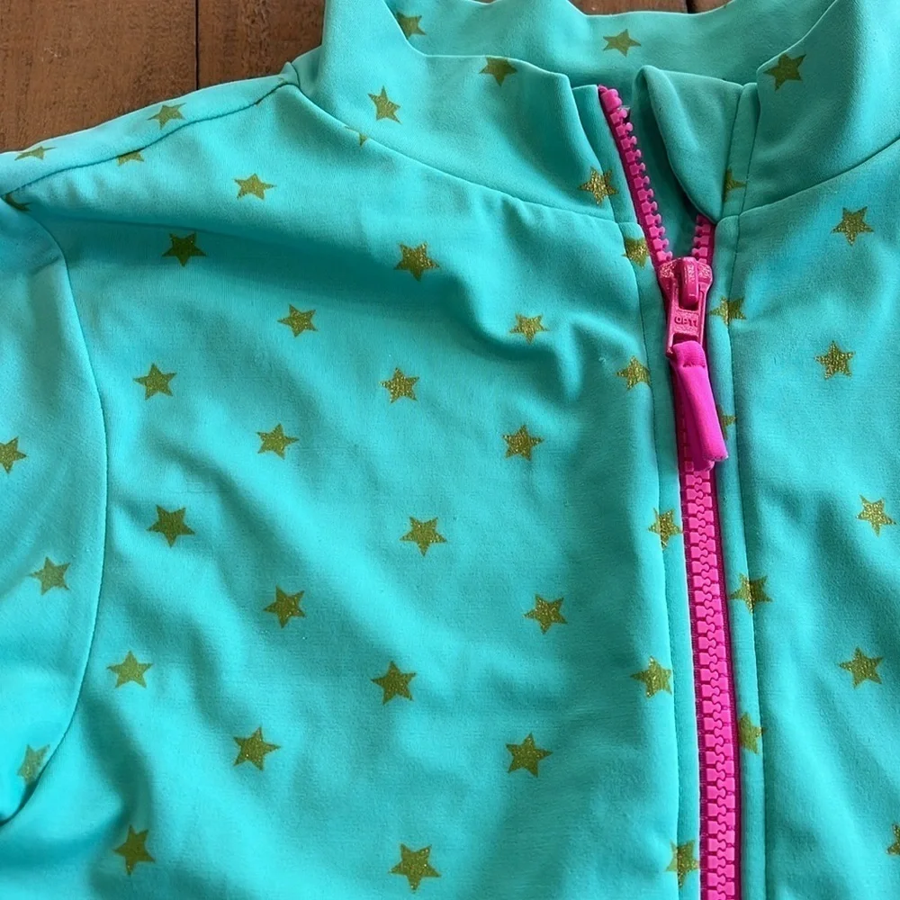 Mini Boden teal gold Star zip front long sleeve one piece rash guard swim suit